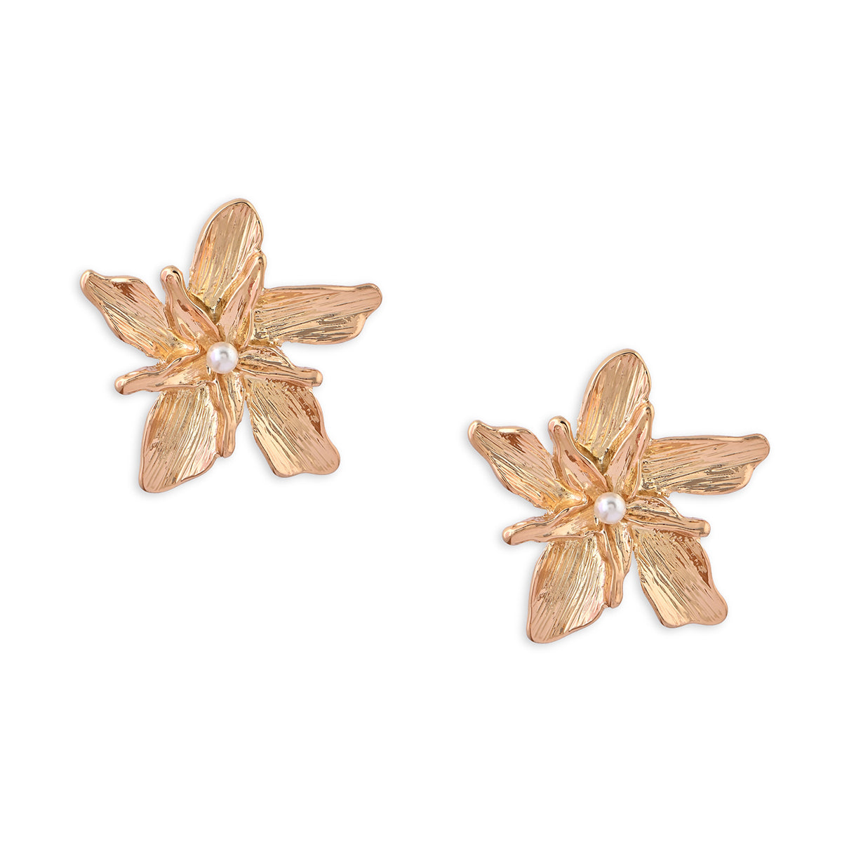 Floral Textured Stud Earrings with Pearl Centre