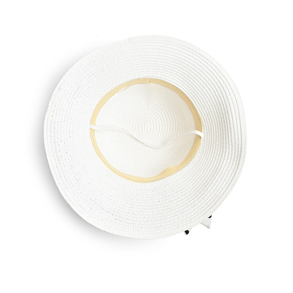 White Woven Straw Sun Hat with Polka Dot Bow Scarf