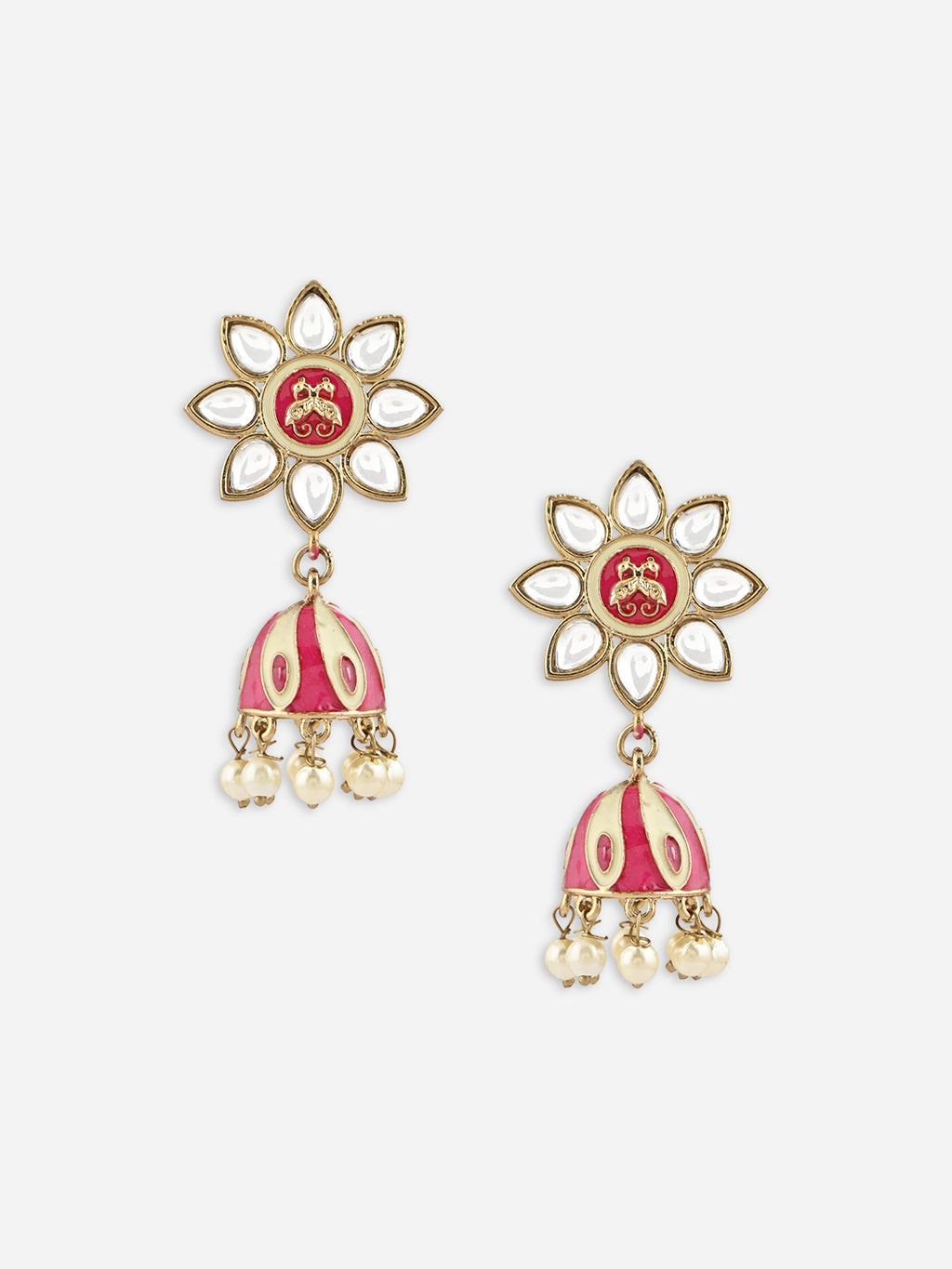 Gulnoor Handcrafted Meenakari Floral Pink & White Stone Jhumkas