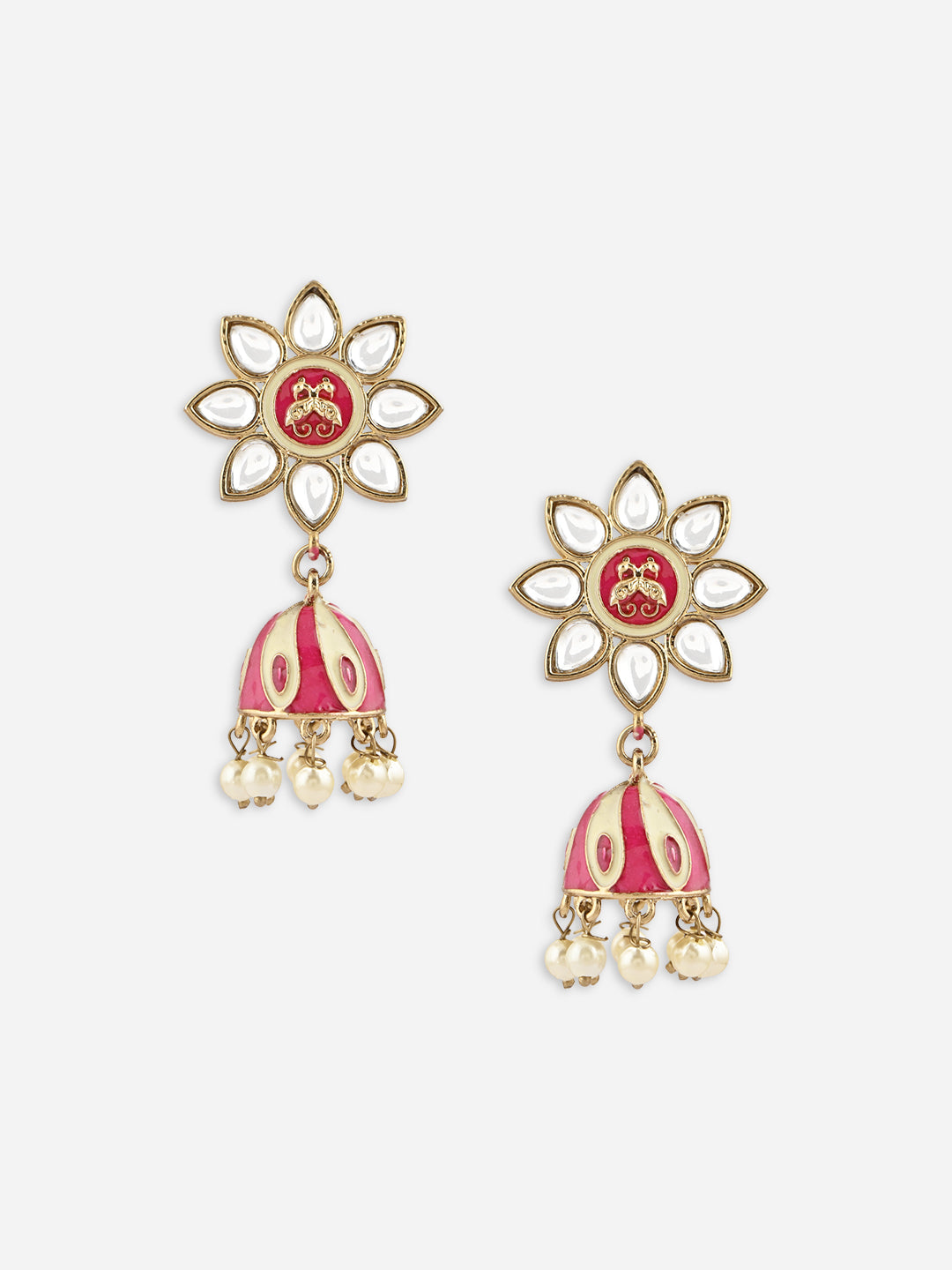 Gulnoor Handcrafted Meenakari Floral Pink & White Stone Jhumkas