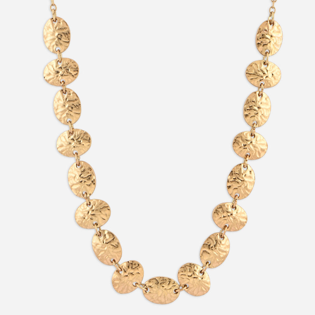 Gold necklace with round pendants on a white background