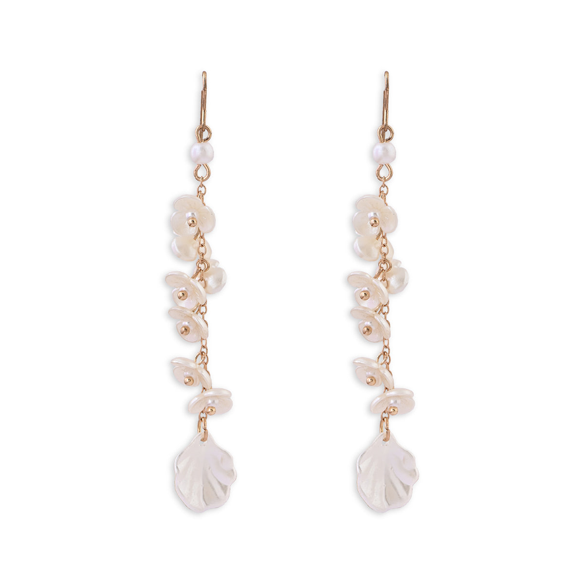 Pearl and shell drop earrings on a white background. ToniQ jewellery is skin safe, nickel free, cadmium free, hypoallergenic, and lab tested for your comfort and trust.