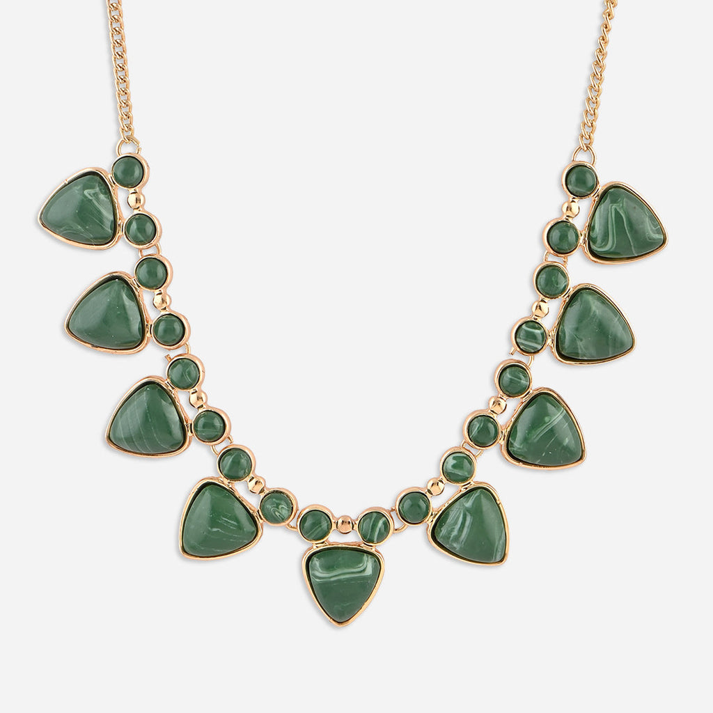 Green necklace with gold accents on a white background