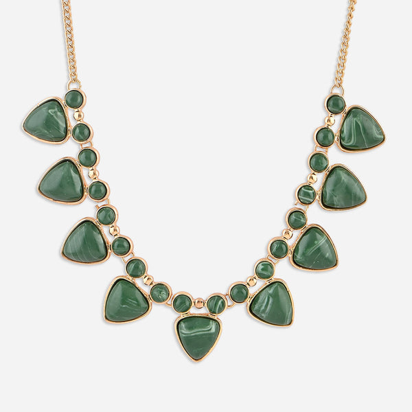 Green necklace with gold accents on a white background