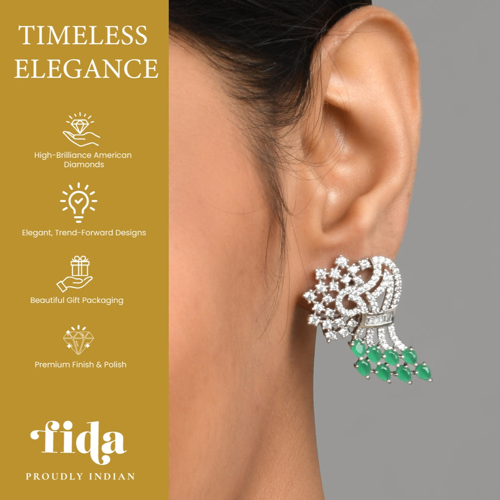American Diamond Emerald Silver Plated Contemporary Drop Earring