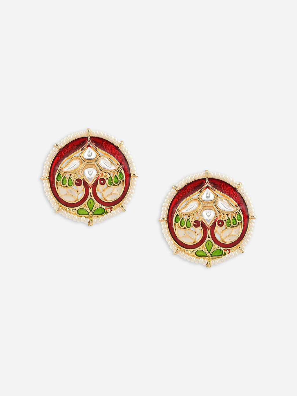 Gul-Rang Meenakari Twin Peacock Pearl Border Stud Earrings