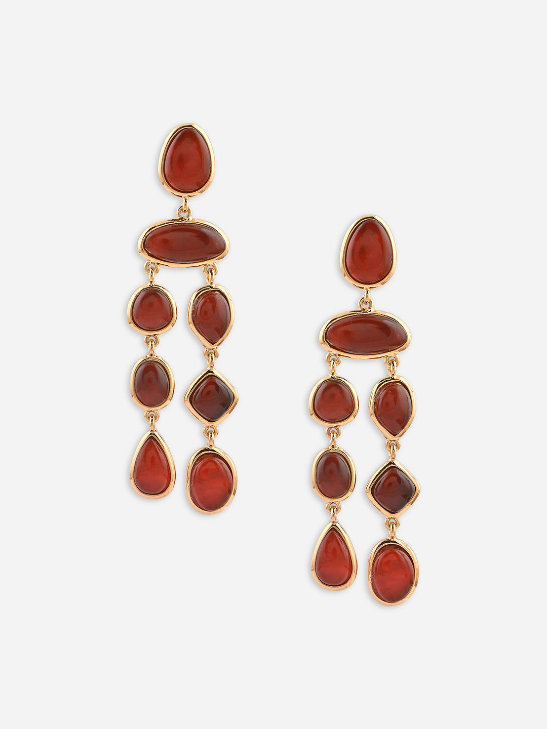Pair of gold and red stone earrings on a white background skin safe jewellery, nickel free, cadmium free, hypoallergenic, lab tested