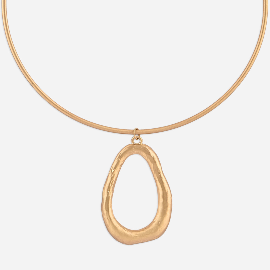 Gold necklace with a unique pendant on a white background