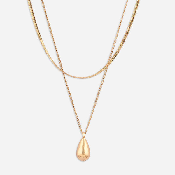 Two gold necklaces with a teardrop pendant on a white background