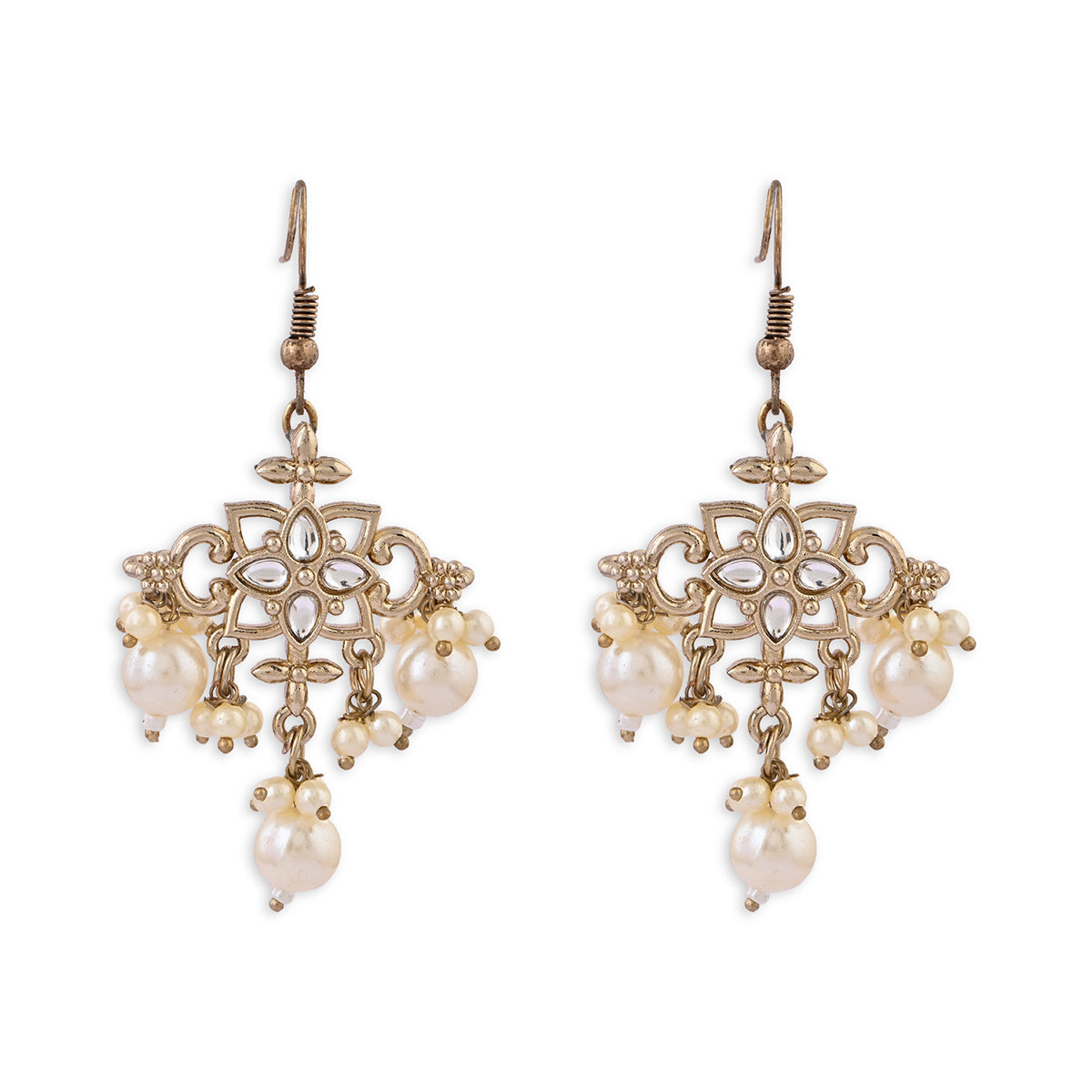 Kundan & Pearl Geometric Drop Earrings