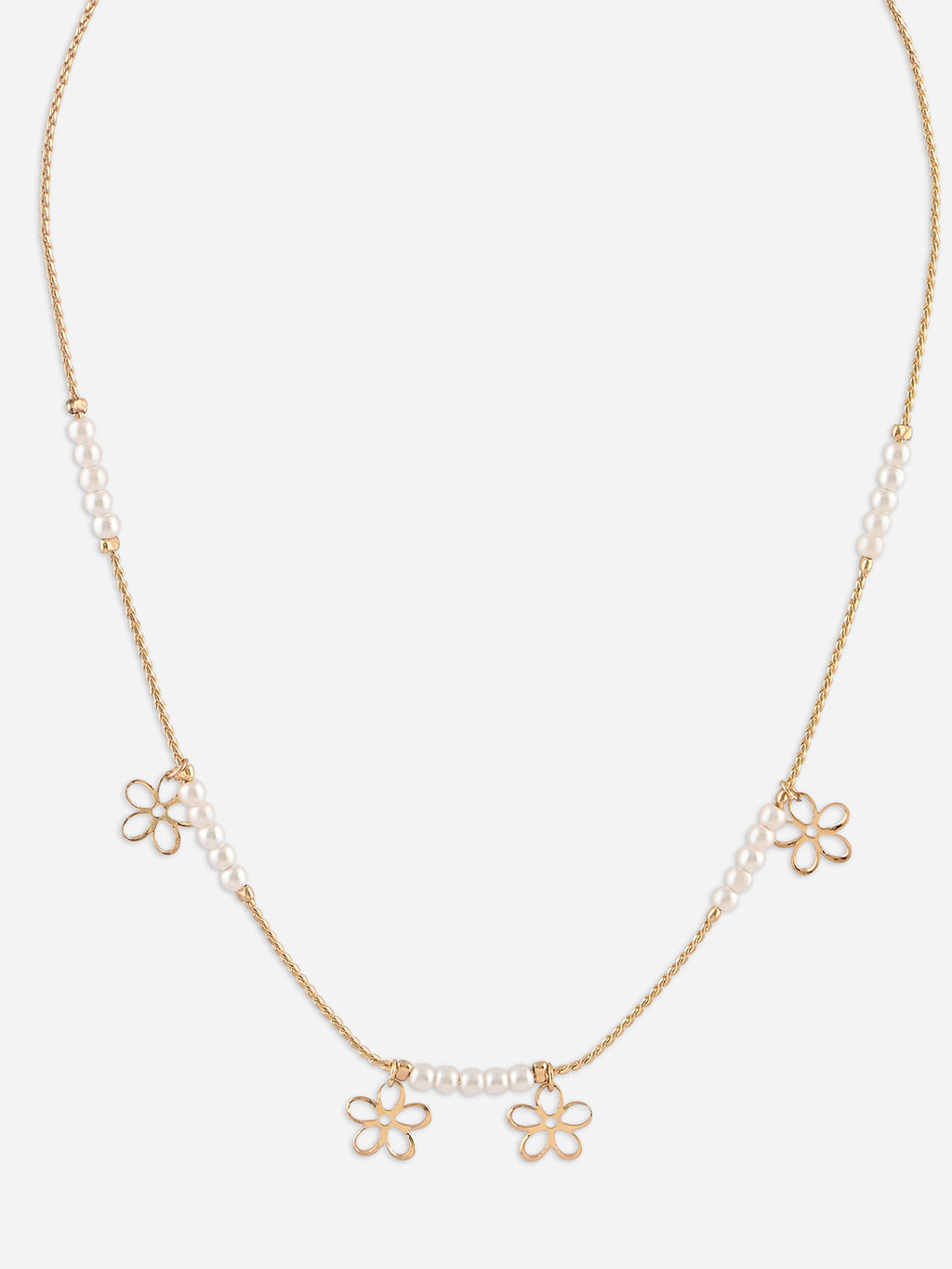 Floral Charm & White Beaded Delicate Gold Necklace