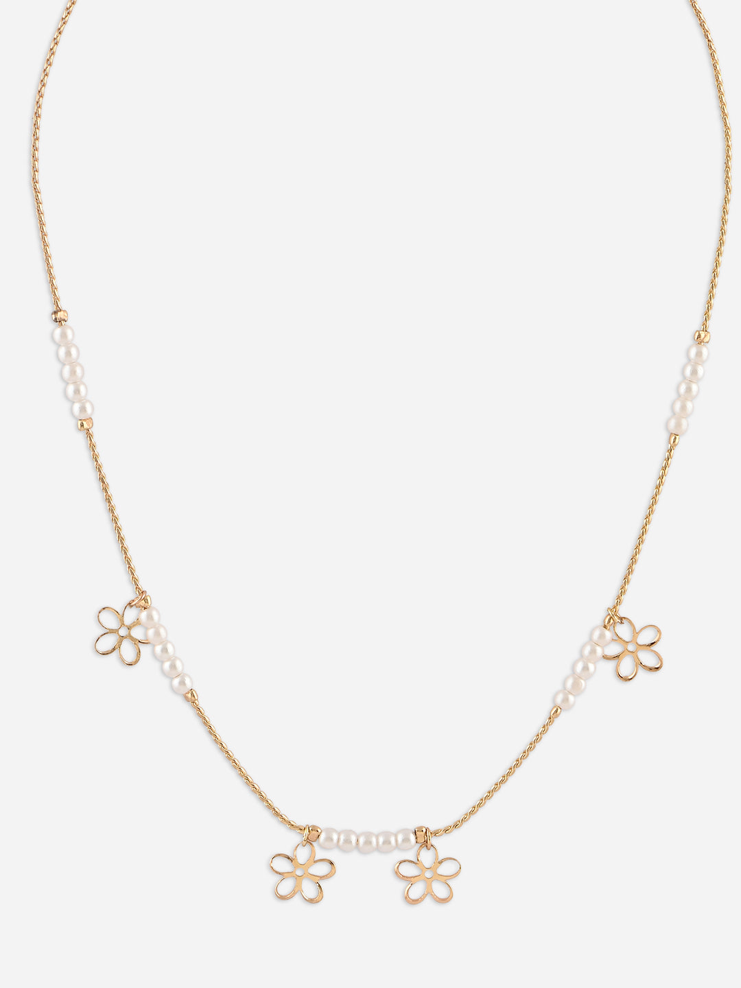 Floral Charm & White Beaded Delicate Gold Necklace