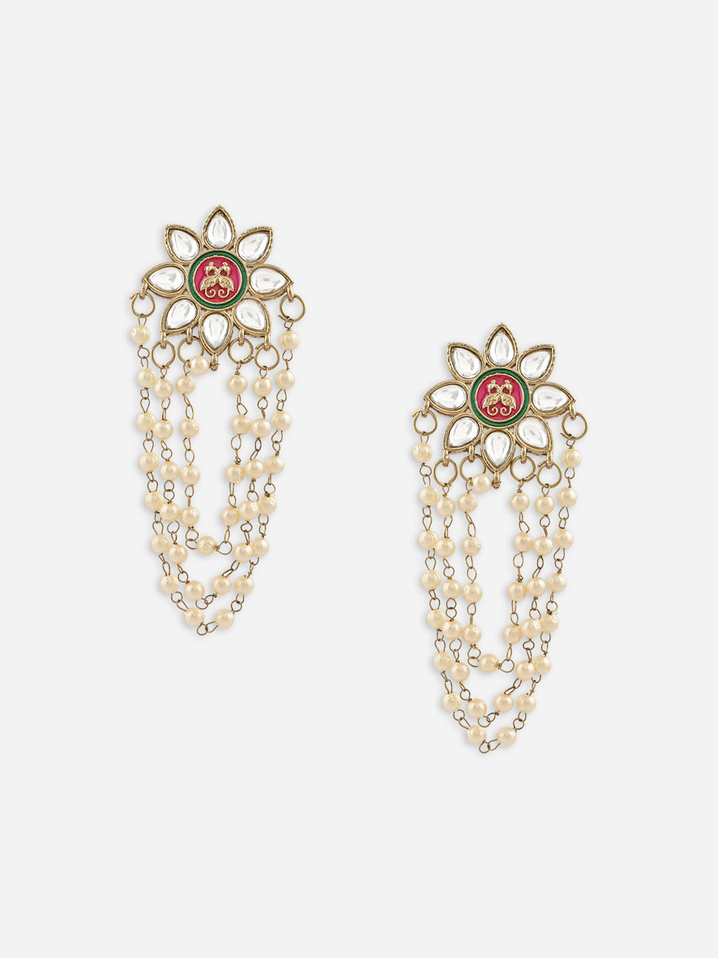 Raj-Kamal Kundan Pearl Phool Jhaalar Drop Earrings