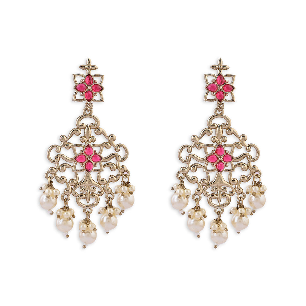 Gold-Tone Red Stone & Pearl Drop Earrings
