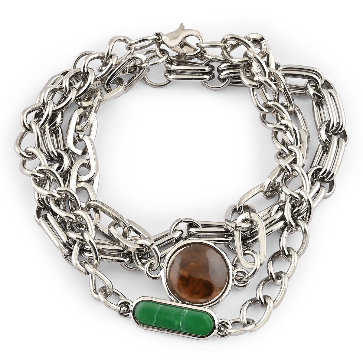 Set of 3 Silver-Toned Chain Link Bracelets with Brown & Green Stones