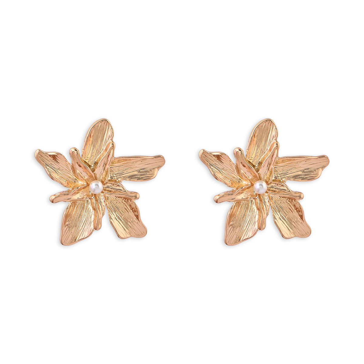 Floral Textured Stud Earrings with Pearl Centre