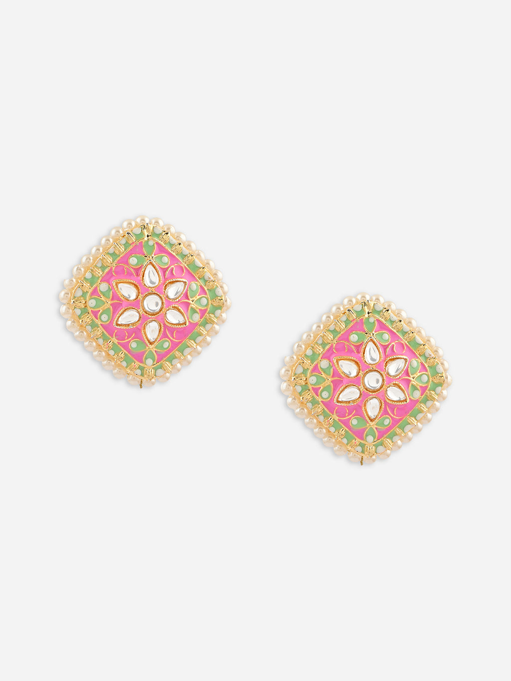 Gul-Zamrud Meenakari Kundan Pearl Studs