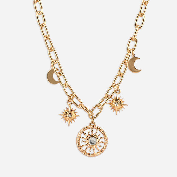 Gold necklace with various charms on a white background