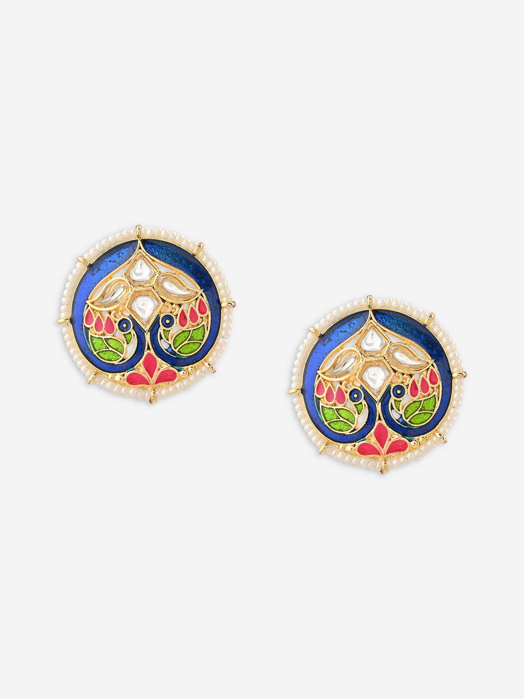 Gul-Rang Meenakari Twin Peacock Pearl Border Stud Earrings