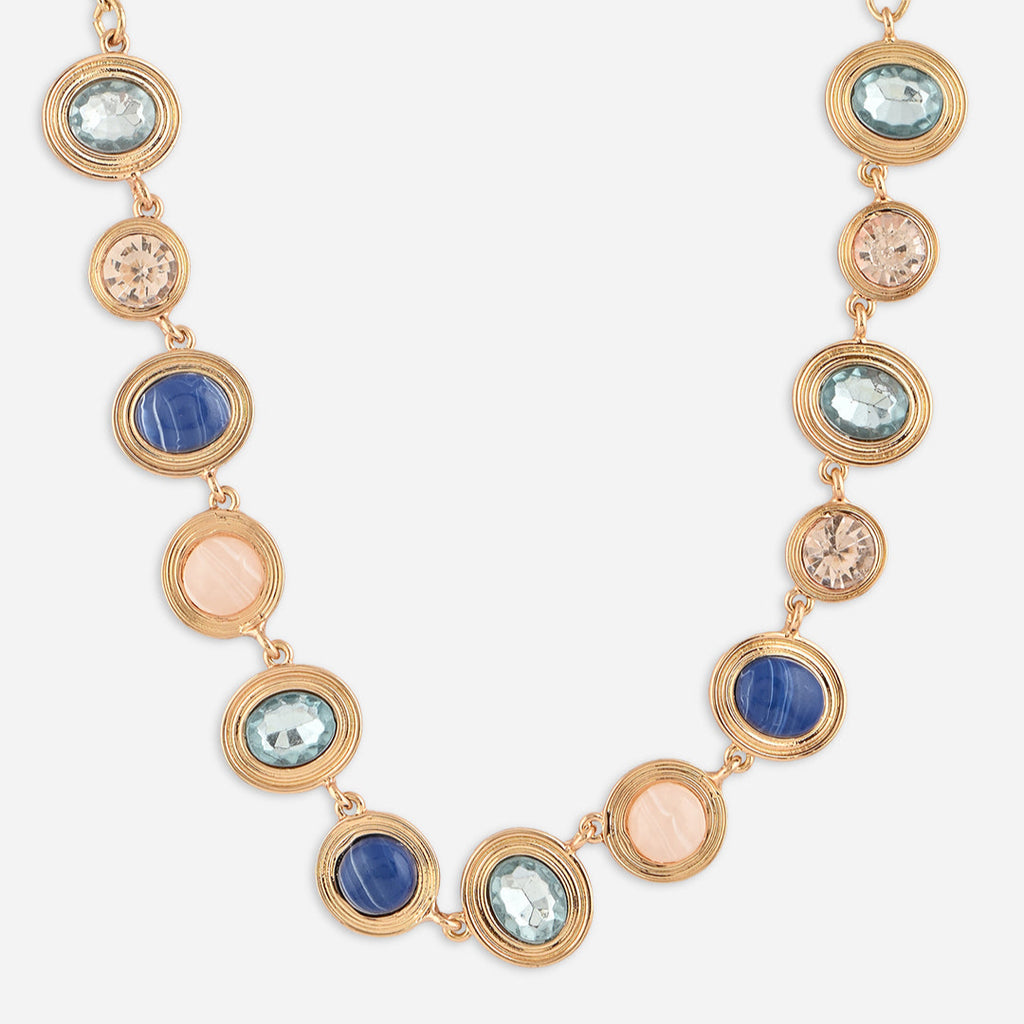 Necklace with gold chain and multicolored gemstones on a white background