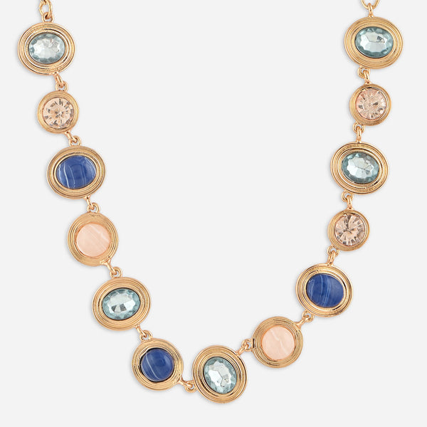 Necklace with gold chain and multicolored gemstones on a white background