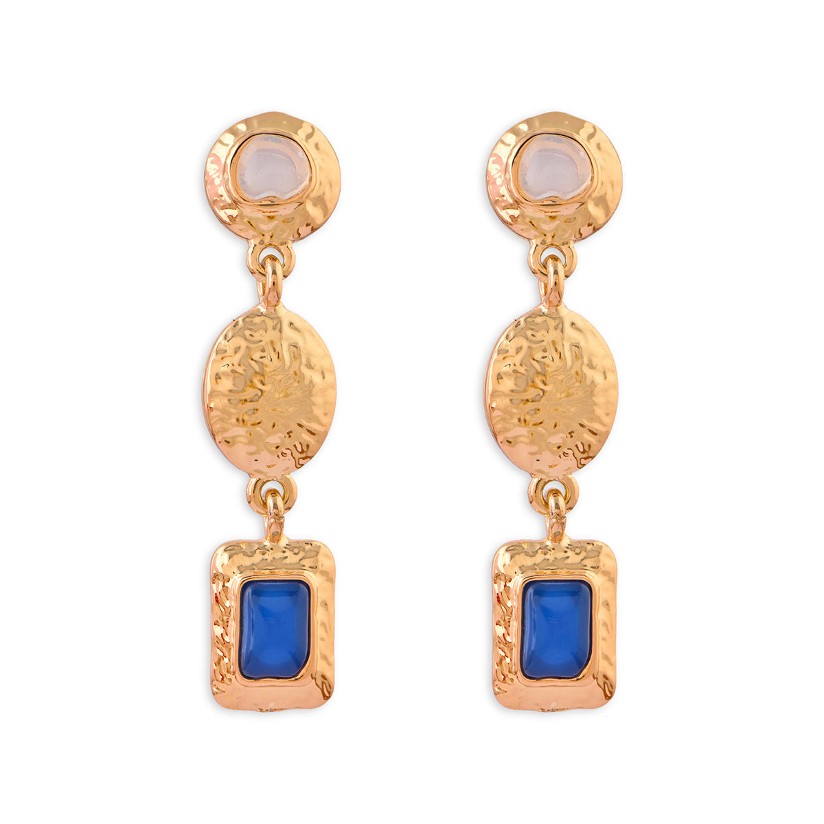 Gold Textured Drop Earrings with Blue Stone