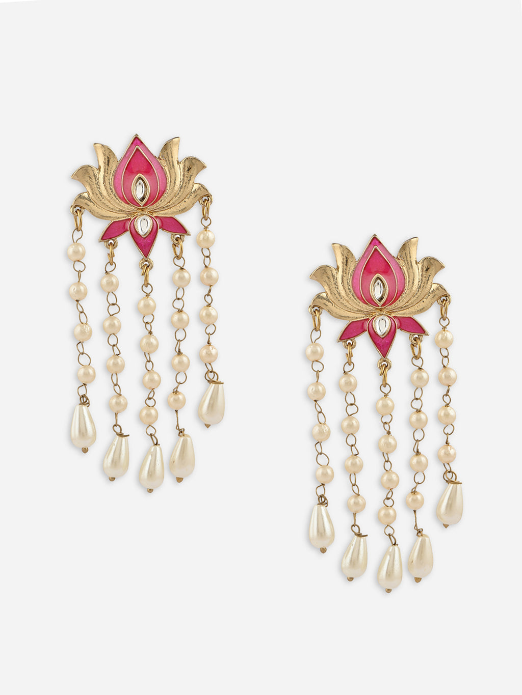 Padma-Raagini Fuschia Pearl Tasselled Floral Drop Earrings
