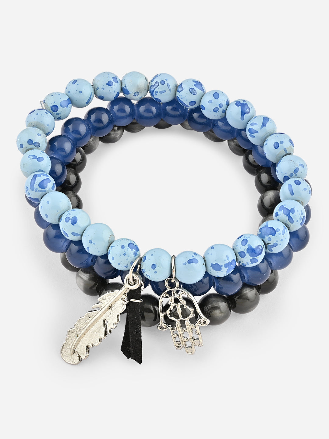 Set of 3 Blue & Black Beaded Bracelet Set