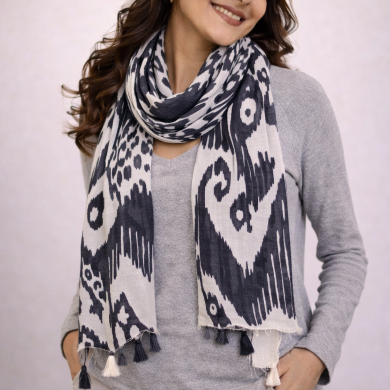 Monochrome Ikat Print Black & White Scarf
