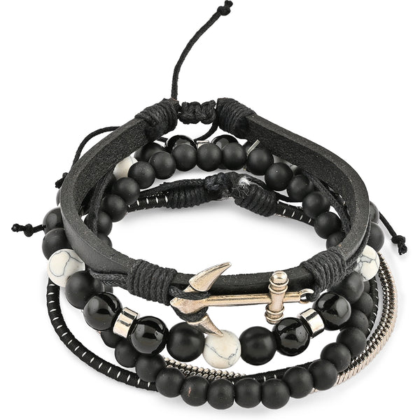 Nautical Black Bead & Leather Bracelet Set of 4