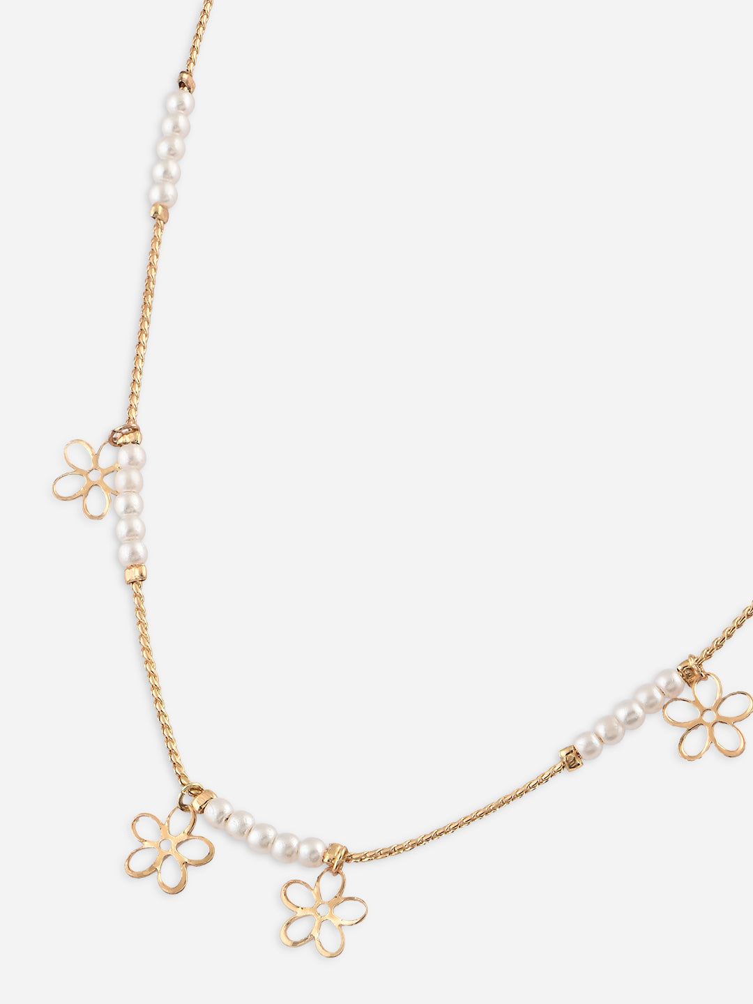 Floral Charm & White Beaded Delicate Gold Necklace