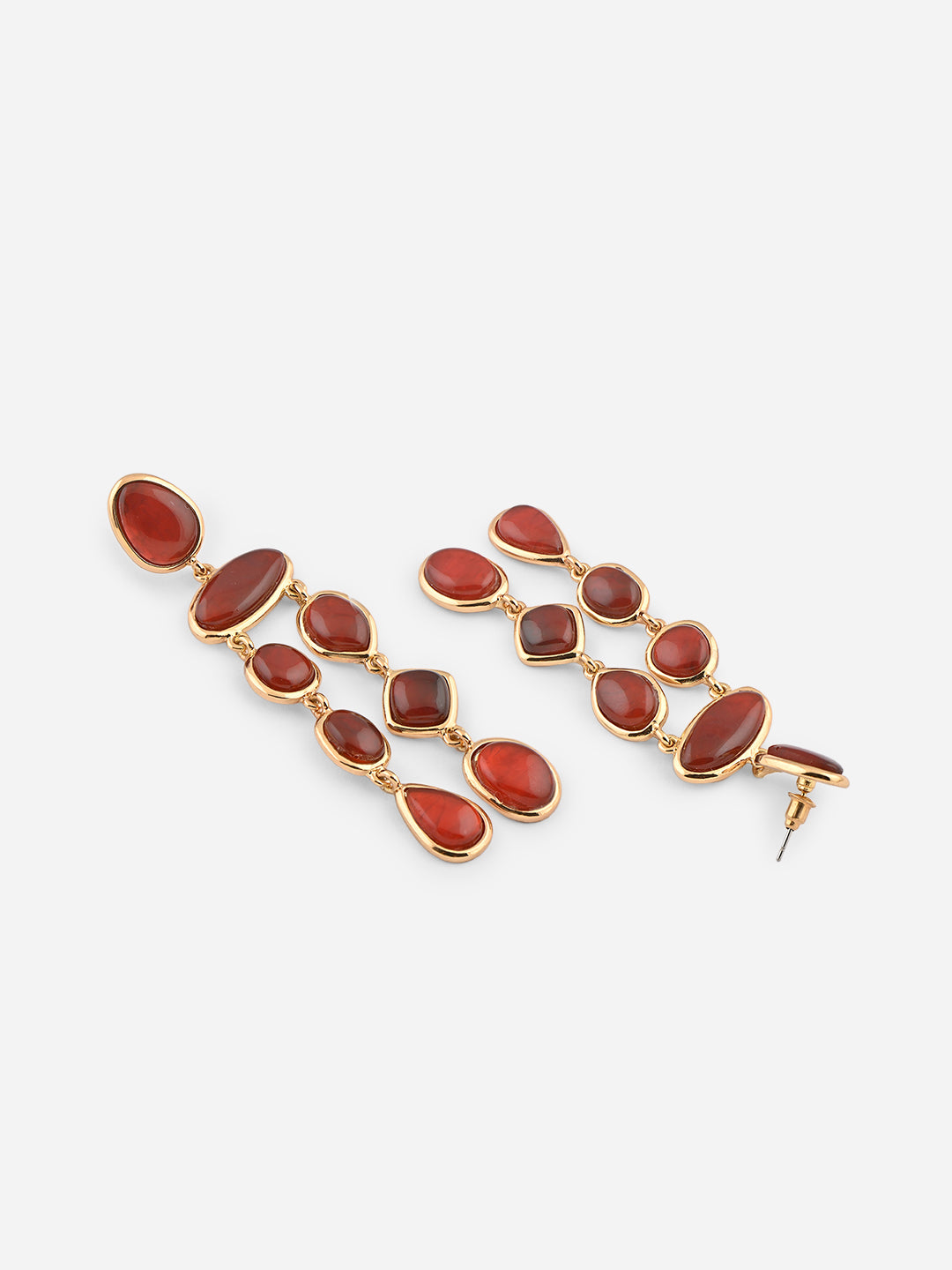 Pair of gold earrings with red stones on a white background skin safe jewellery, nickel free, cadmium free, hypoallergenic, lab tested
