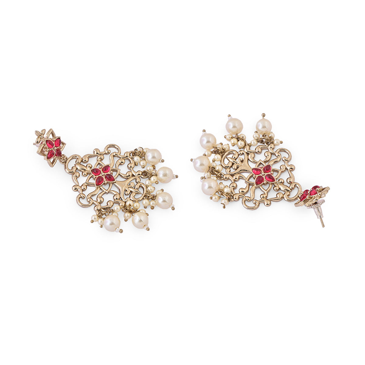 Gold-Tone Red Stone & Pearl Drop Earrings