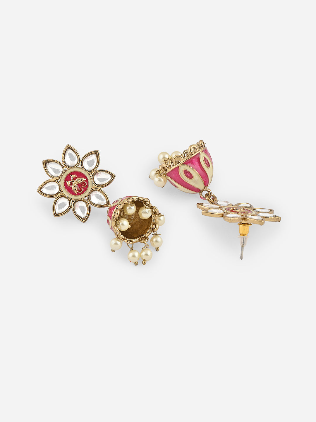 Gulnoor Handcrafted Meenakari Floral Pink & White Stone Jhumkas