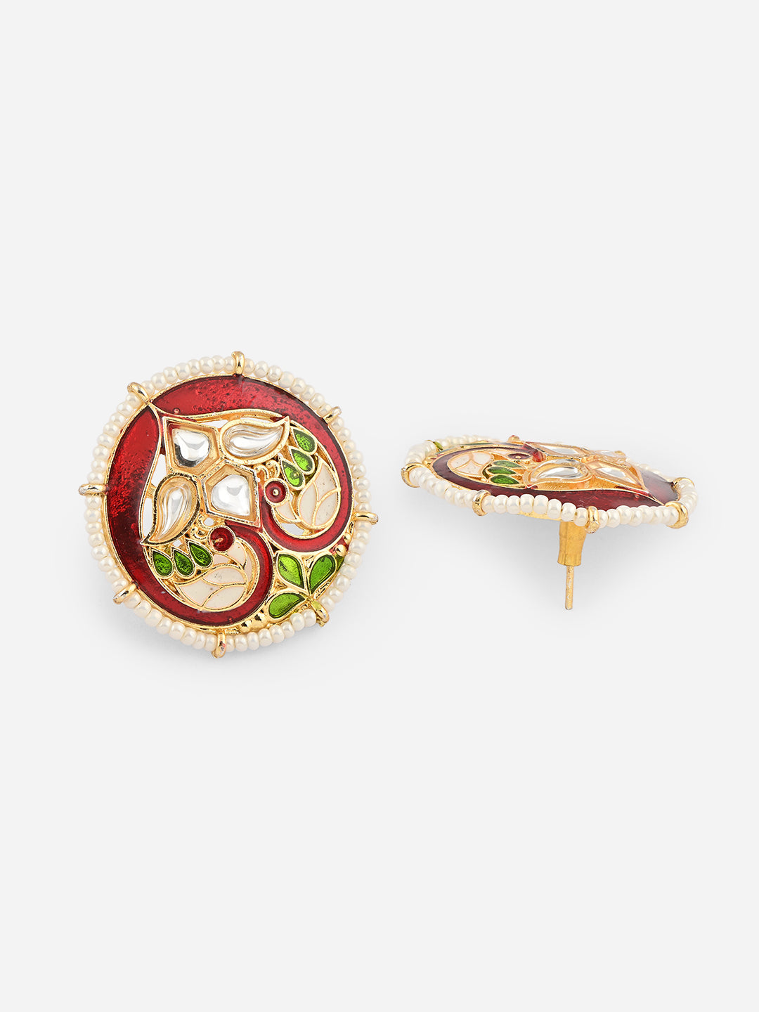 Gul-Rang Meenakari Twin Peacock Pearl Border Stud Earrings