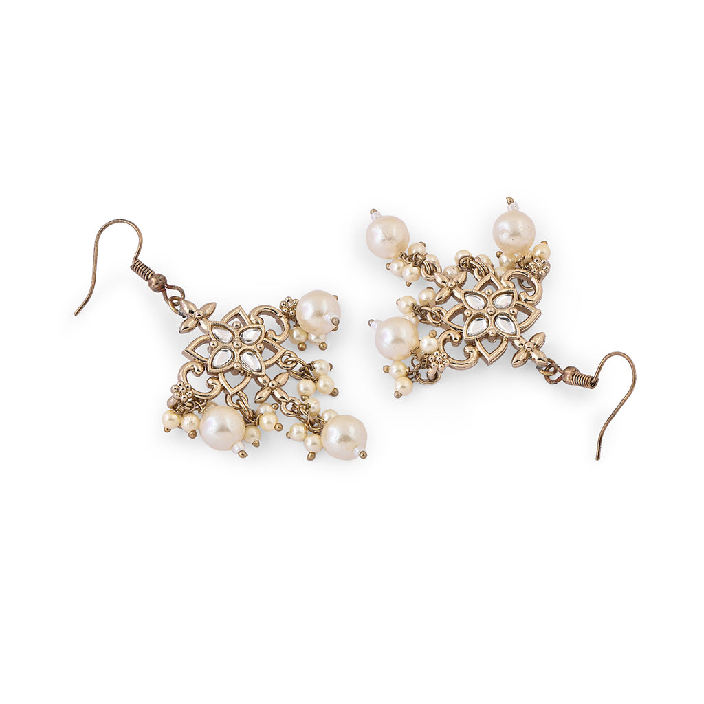 Kundan & Pearl Geometric Drop Earrings