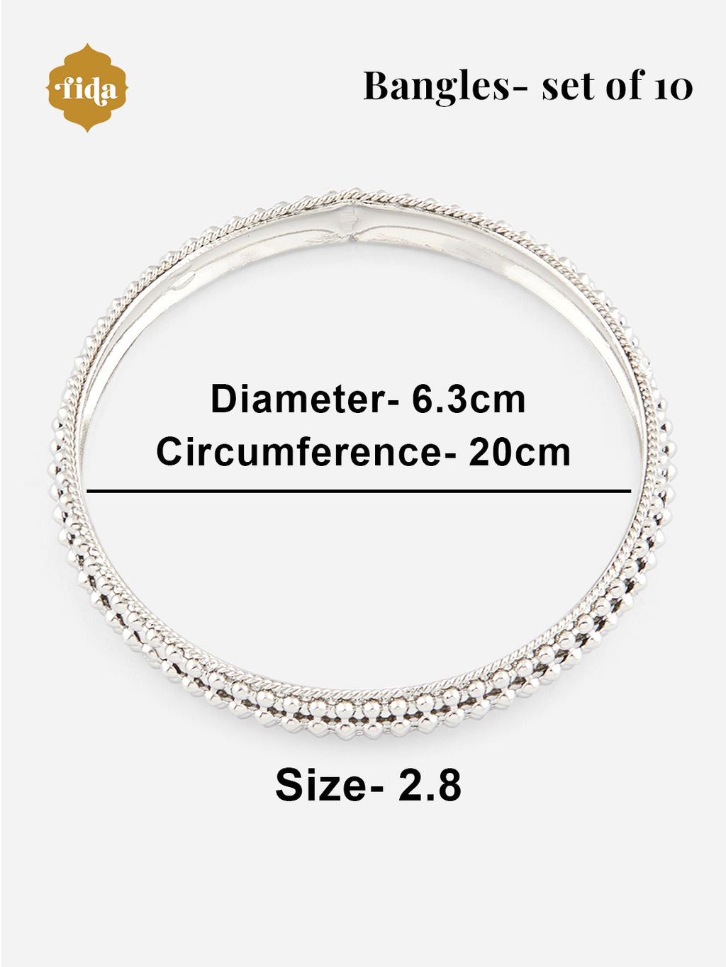 Silver bangles set on a white background with measurement details.