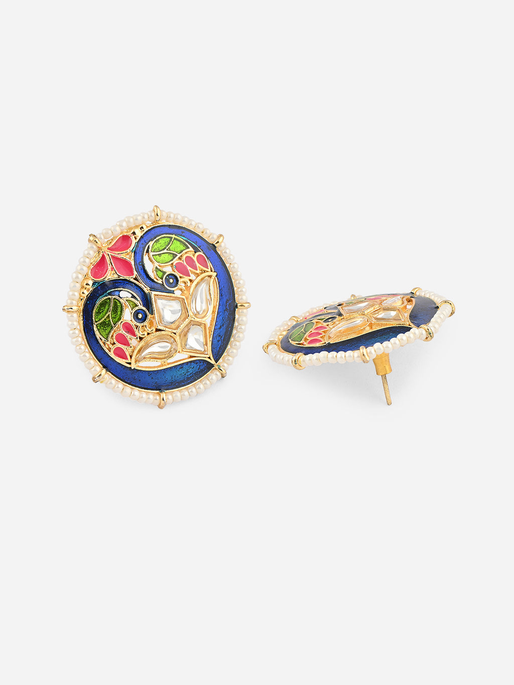 Gul-Rang Meenakari Twin Peacock Pearl Border Stud Earrings
