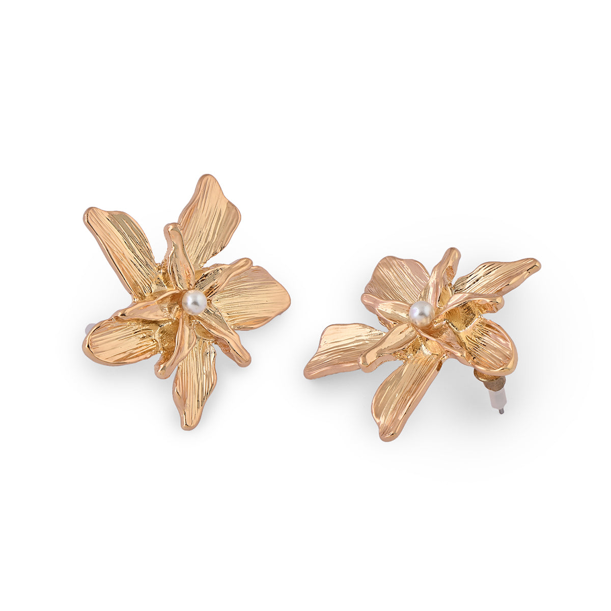 Floral Textured Stud Earrings with Pearl Centre