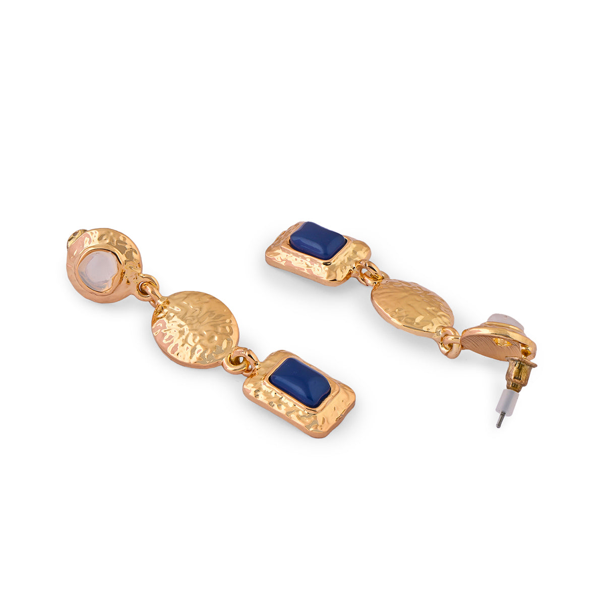 Gold Textured Drop Earrings with Blue Stone