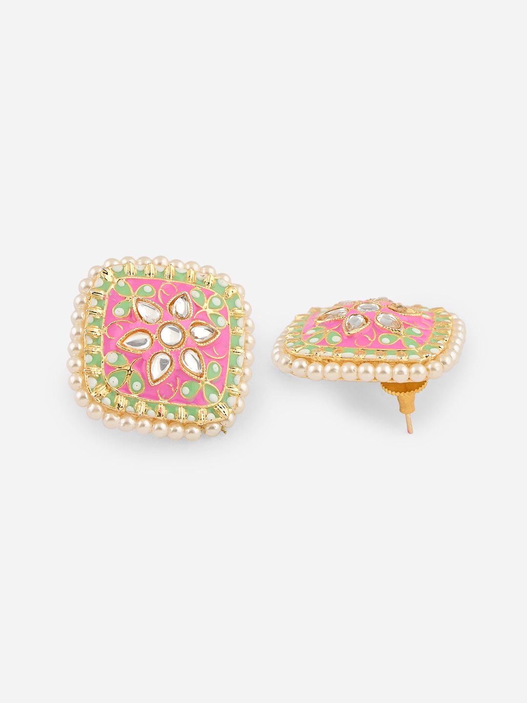 Gul-Zamrud Meenakari Kundan Pearl Studs