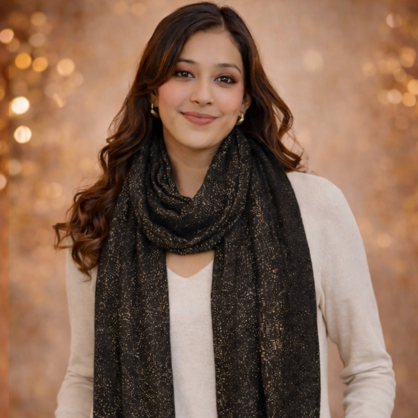 Glamorous Black & Gold Zari Shimmer Scarfwith Fringe