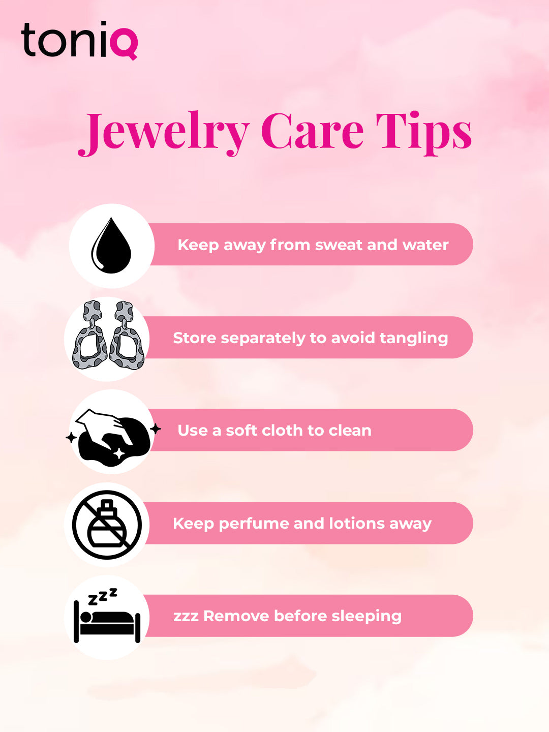 Jewelry care tips infographic by toniq on a pink gradient background