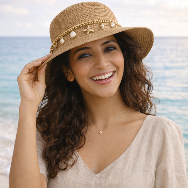 Brown Woven Straw Sun Hat with Shell, Pearl & Starfish Charms