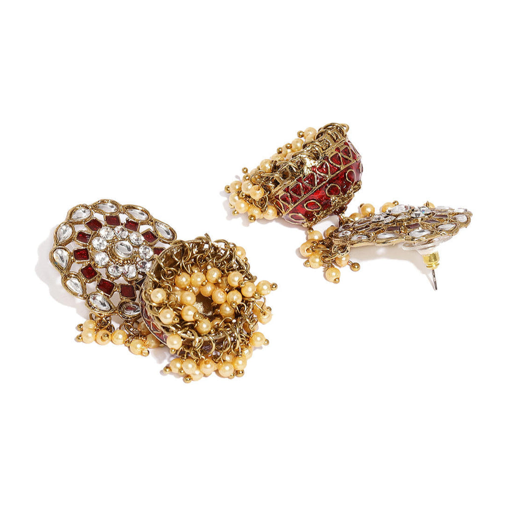 Gold-plated maroon enamelled kundan bead jhumka earrings with a spherical design
