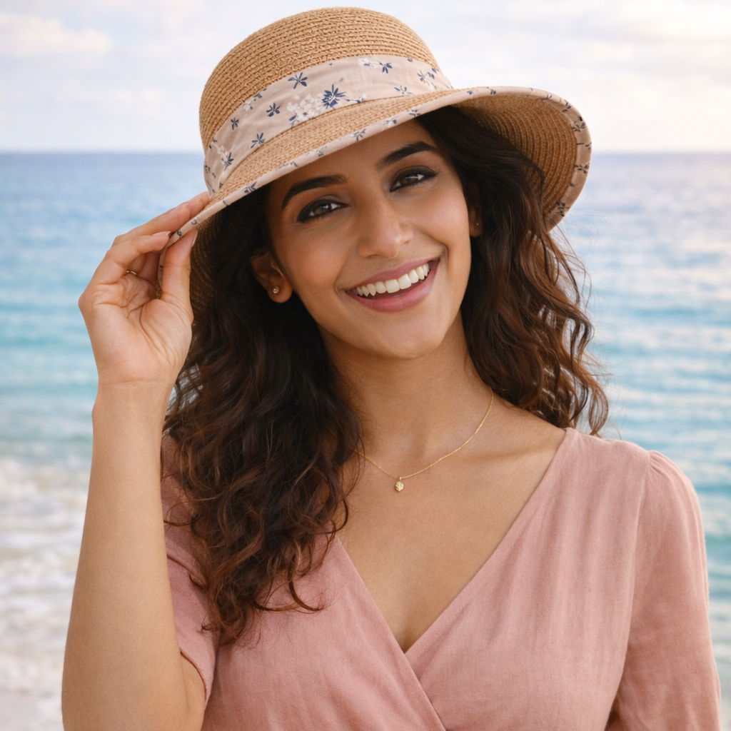 Brown Woven Straw Sun Hat with Floral Bow Back Detail