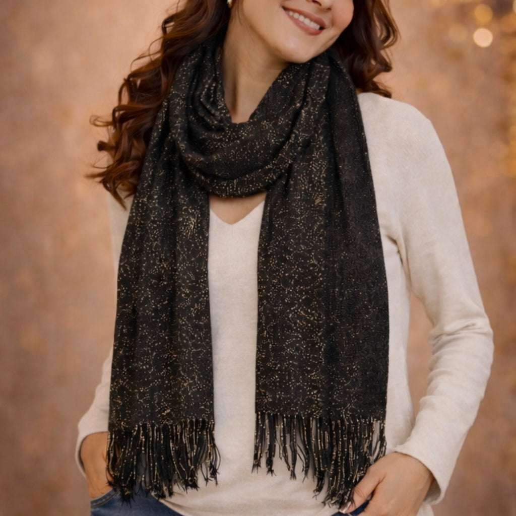 Glamorous Black & Gold Zari Shimmer Scarfwith Fringe