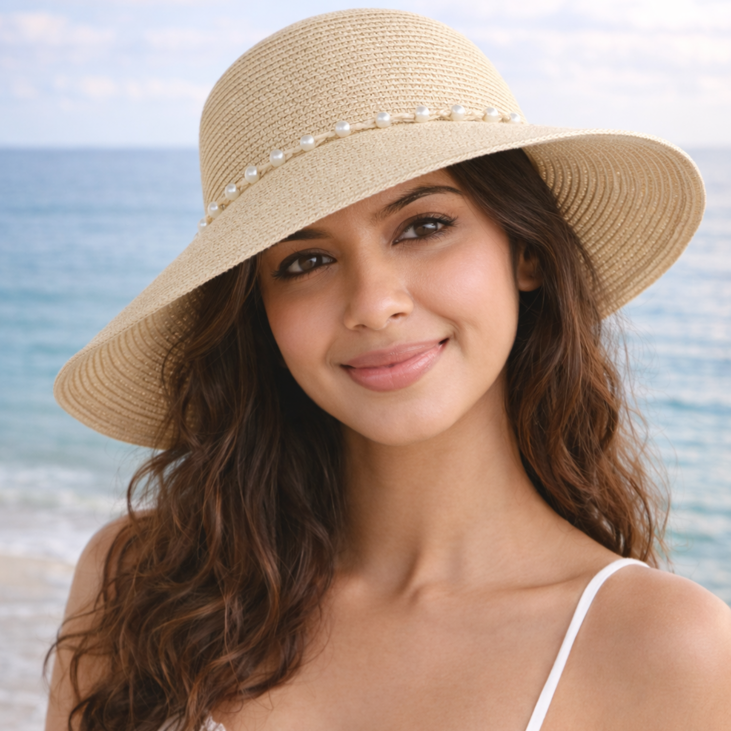 Off White Woven Straw Sun Hat with Pearl Embellishments
