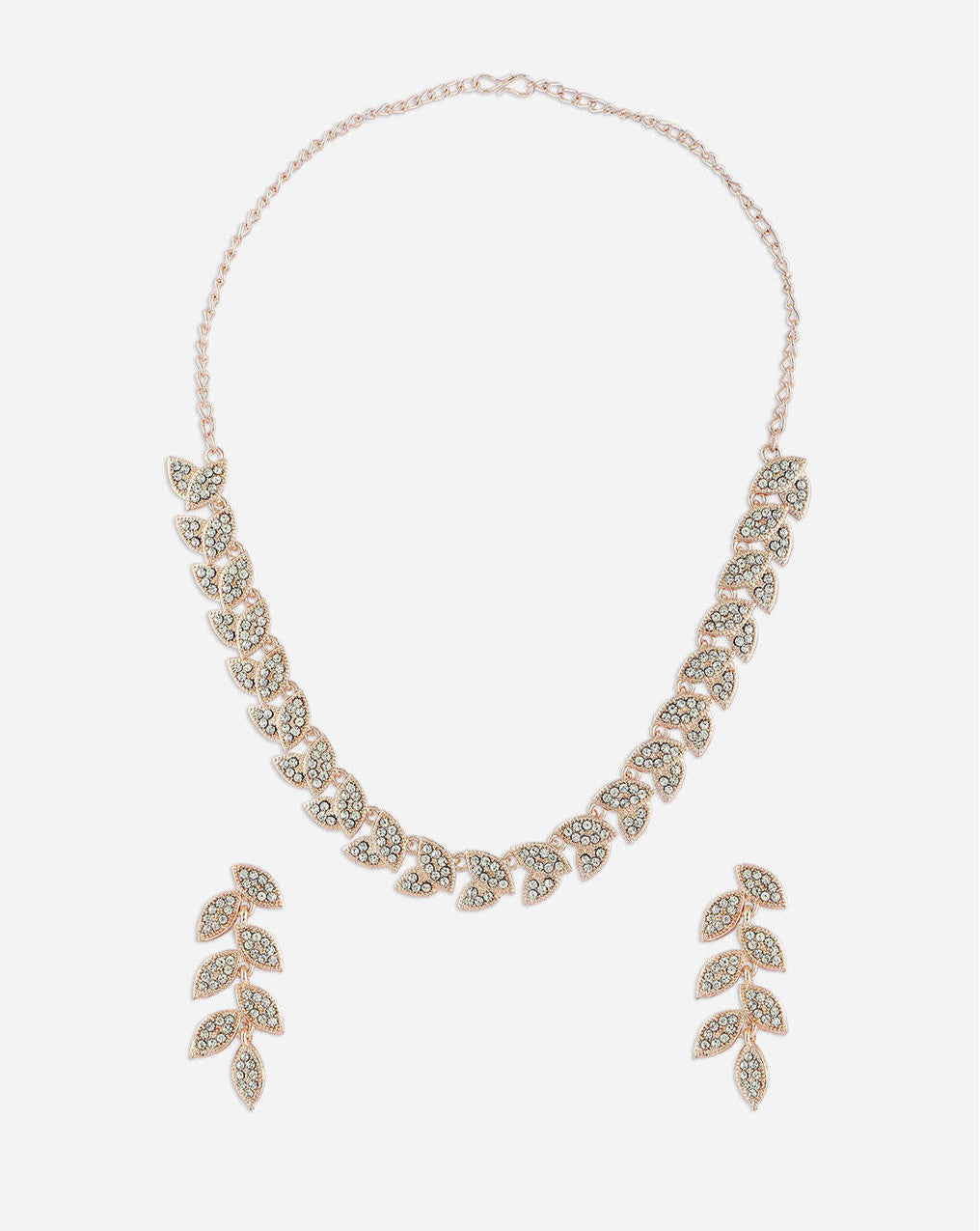 A rose gold plated alloy jewellery set featuring leafy shapes with American diamond