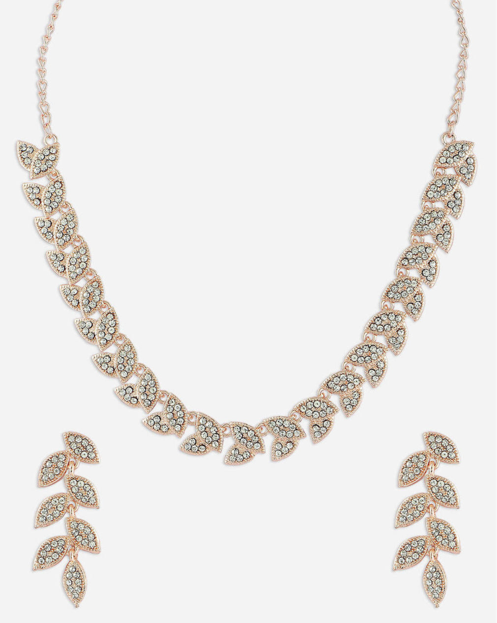 A rose gold plated alloy jewellery set featuring leafy shapes with American diamond CLOSE-UP